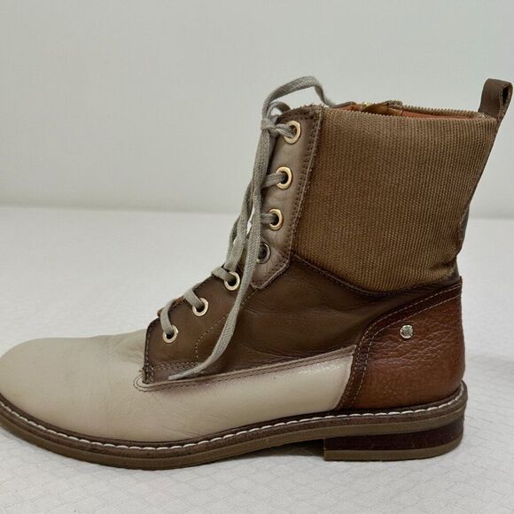 PIKOLINOS Two-Tone Leather & Canvas Lace-Up Boots | Tan & Cream | Women’s Size - Picture 7 of 11